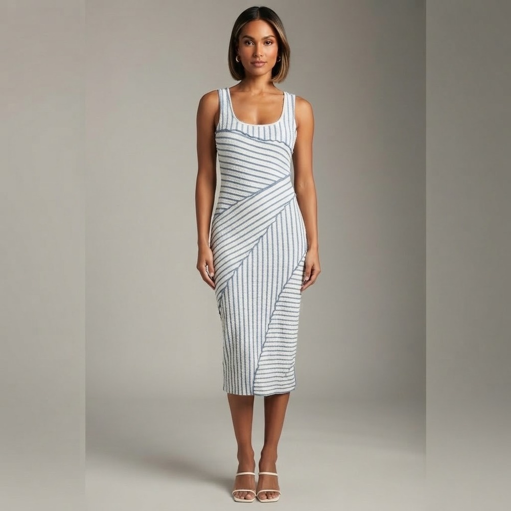 Lulus Blue White Striped Midi Bodycon Dress Sleeveless Medium Coastal Casual
